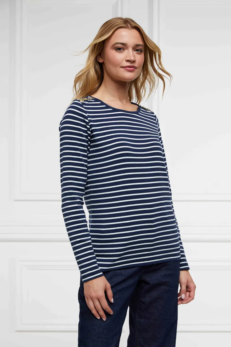 Holland Cooper Padstow Long Sleeve Crew Neck Tee Ink Navy Natural Stripe-5