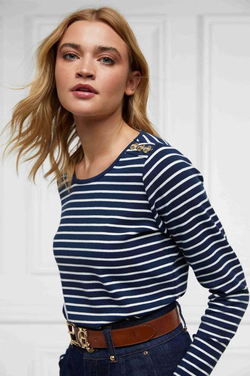 Holland Cooper Padstow Long Sleeve Crew Neck Tee Ink Navy Natural Stripe-2