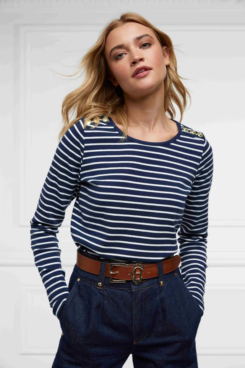 Holland Cooper Padstow Long Sleeve Crew Neck Tee Ink Navy Natural Stripe-3