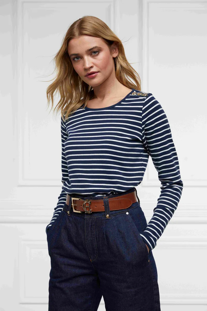 Holland Cooper Padstow Long Sleeve Crew Neck Tee Ink Navy Natural Stripe-1