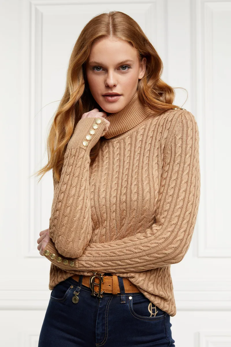 Seattle Roll Neck Cable Knit Dark Camel Marl
