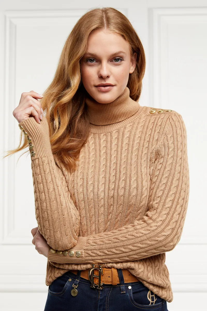 Seattle Roll Neck Cable Knit Dark Camel Marl-3