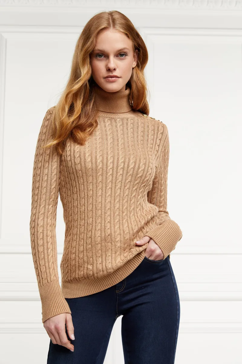 Seattle Roll Neck Cable Knit Dark Camel Marl-4