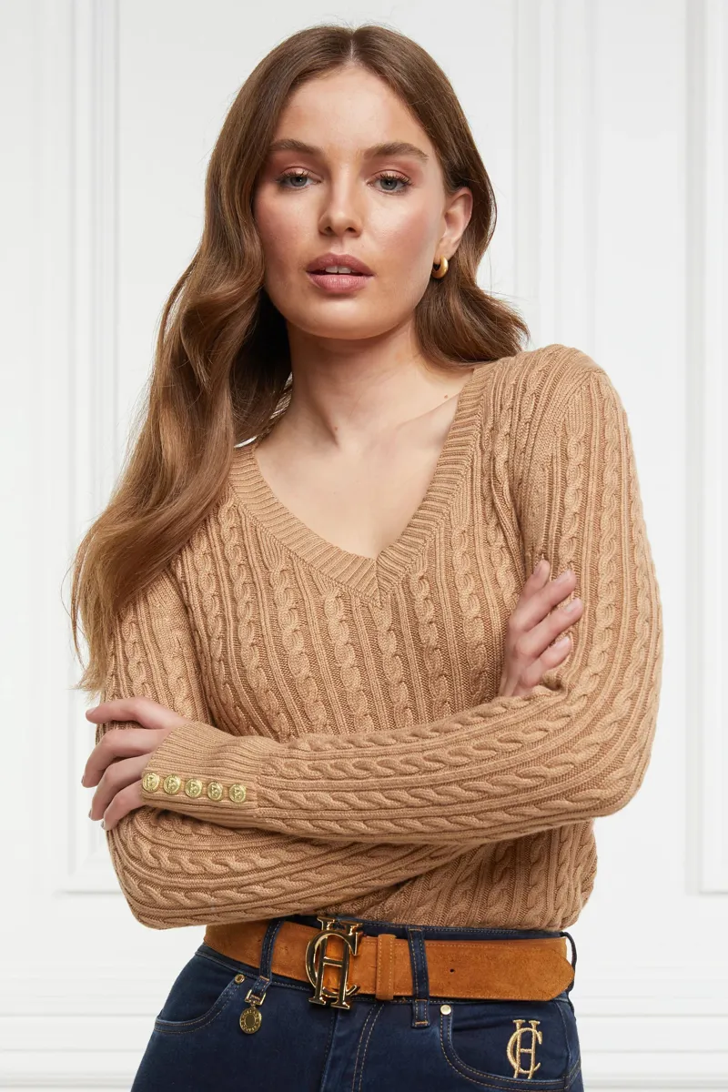 Holland Cooper Seattle V Neck Knit Dark Camel-3