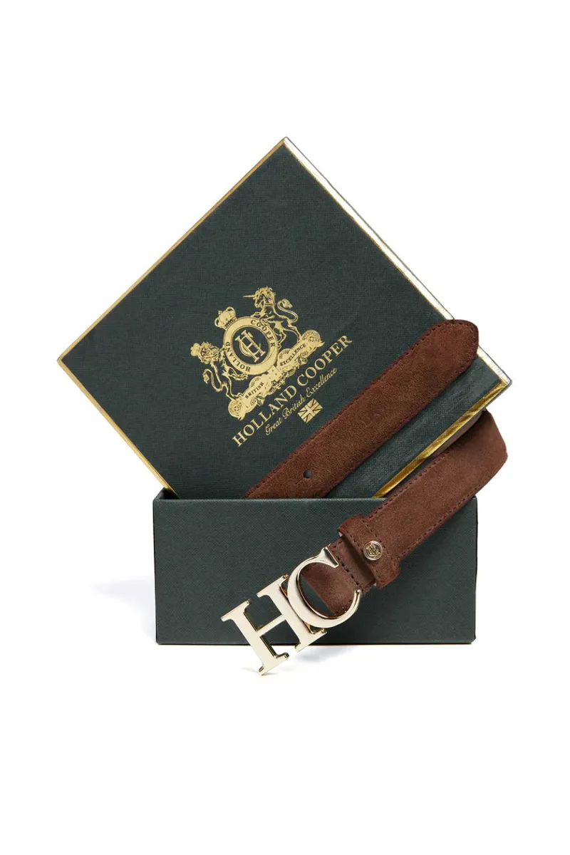 Holland Cooper Atelier Slim Logo Belt Chocolate Suede-3