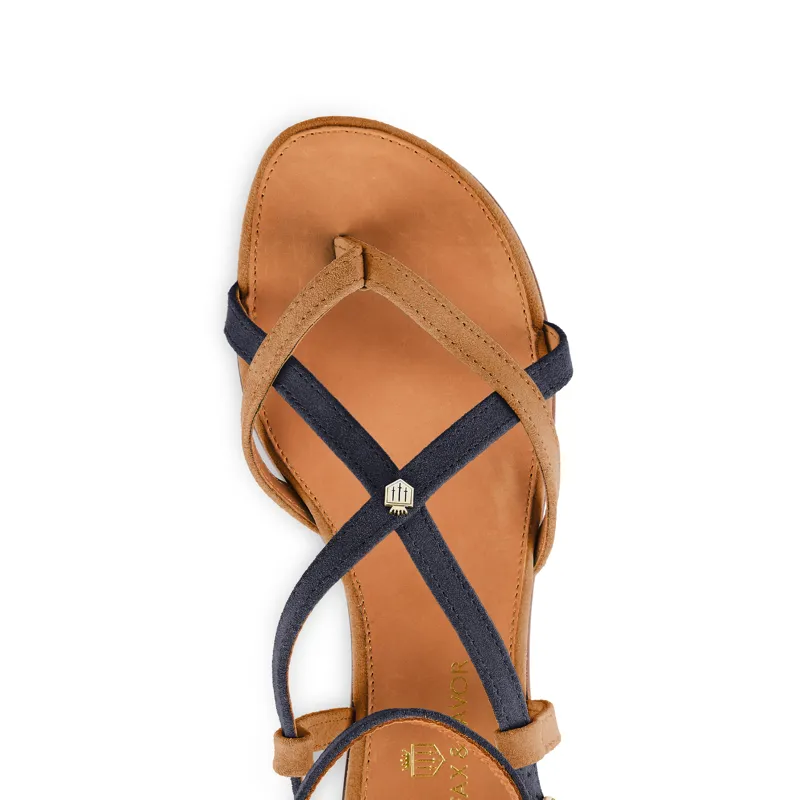 Fairfax and Favor Brancaster Sandal Tan Navy Suede-3