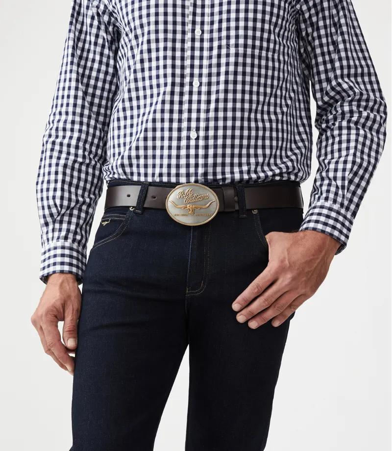 RM Williams Logo Trophy Buckle Silver Gold-1