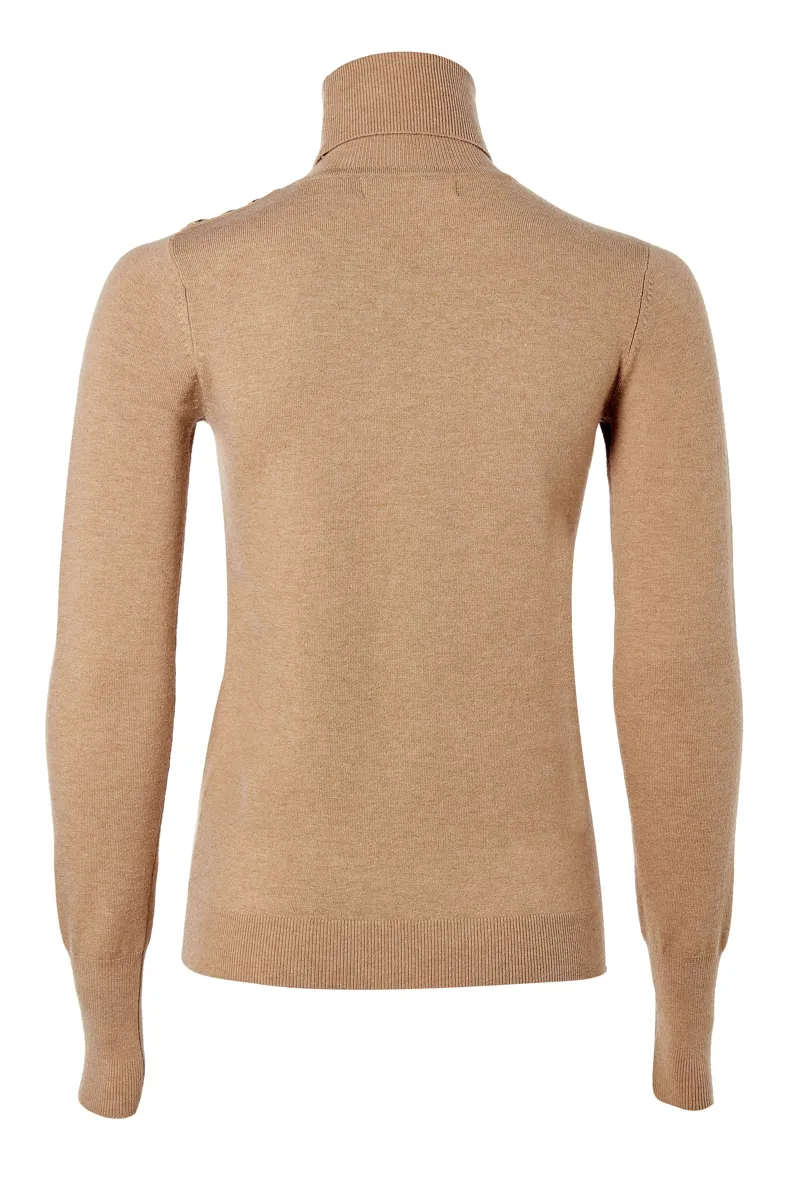 Holland Cooper Buttoned Knit Roll Neck Dark Camel-5