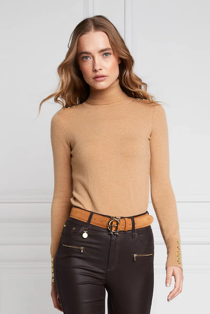 Holland Cooper Buttoned Knit Roll Neck Dark Camel-1