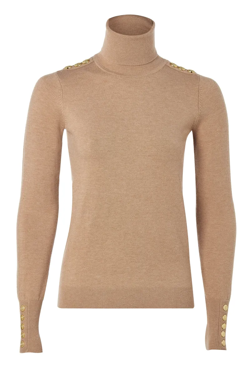 Holland Cooper Buttoned Knit Roll Neck Dark Camel-4