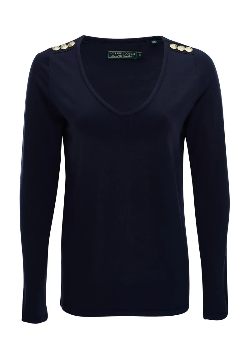 Holland Cooper Long Sleeve Vee Neck Tee Ink Navy-3