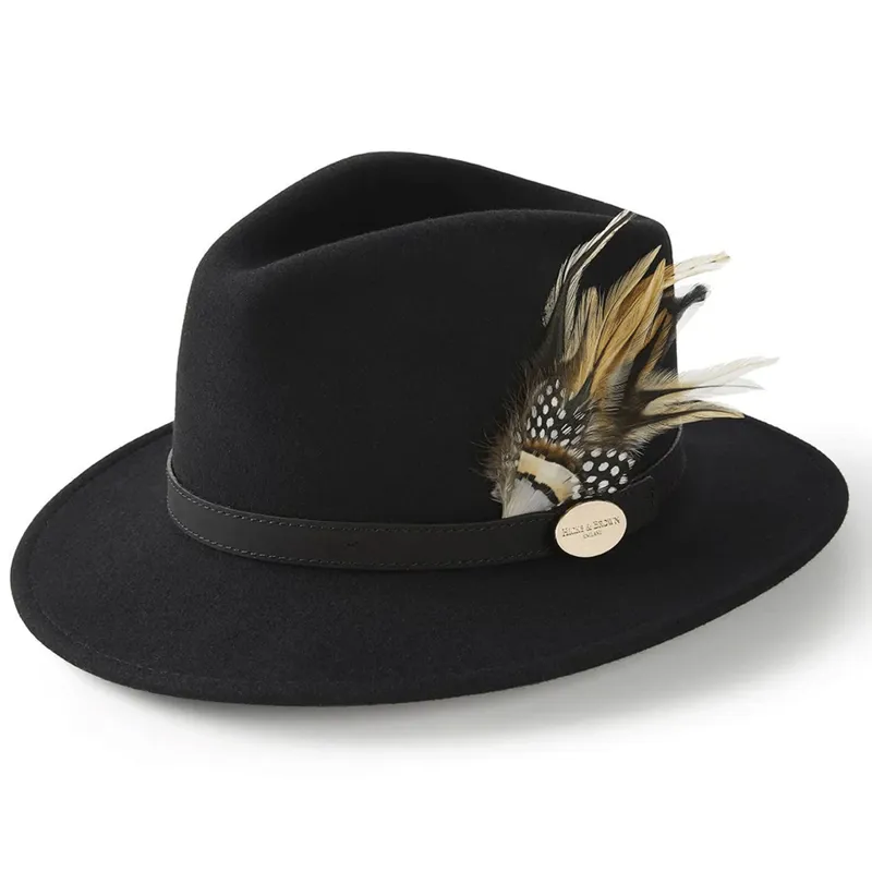 Hicks and Brown Suffolk Fedora Pheasant Guinea Feather Black