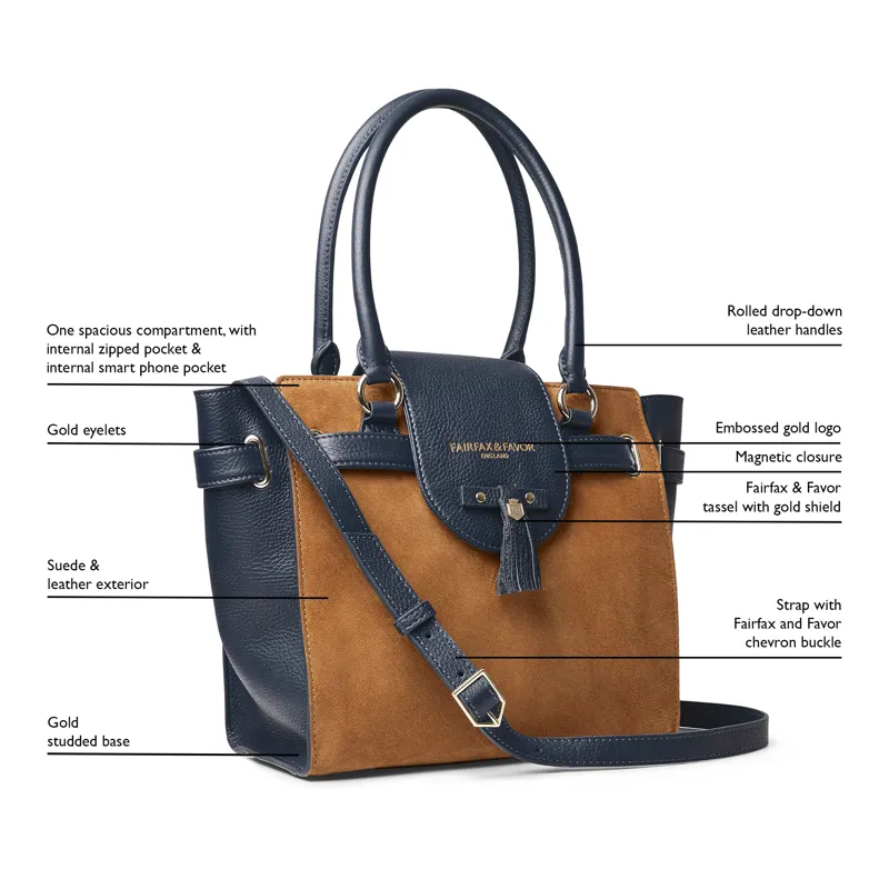 Fairfax and Favor Windsor Tote Tan Navy Suede-7