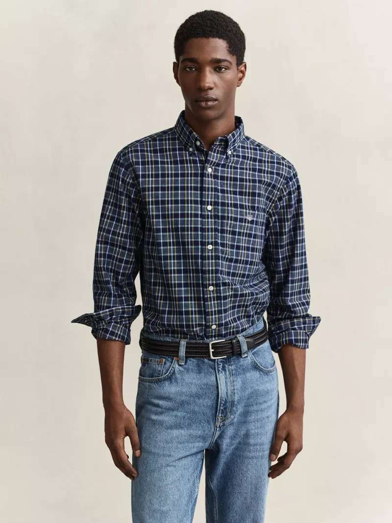 Gant Archive Poplin Regular Fit Check Shirt in Indigo-5