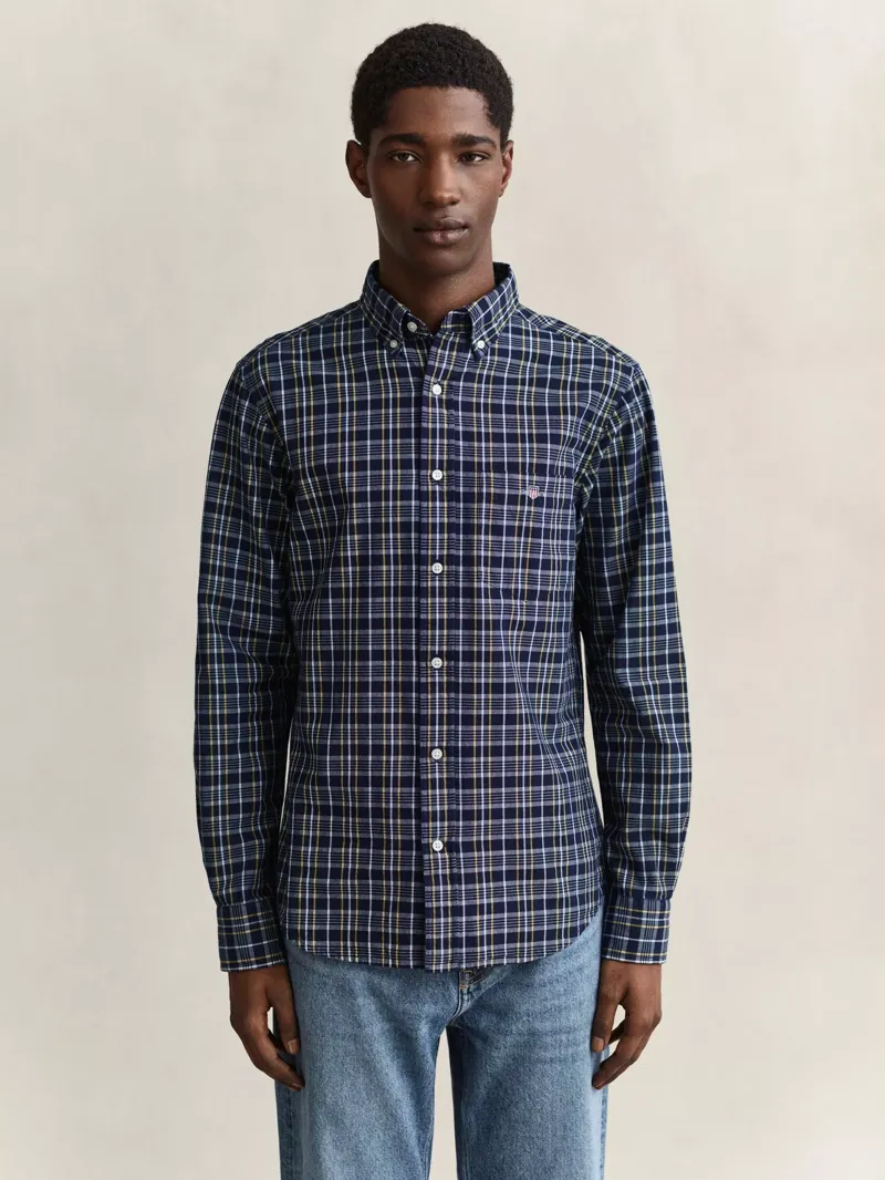 Gant Archive Poplin Regular Fit Check Shirt in Indigo-1