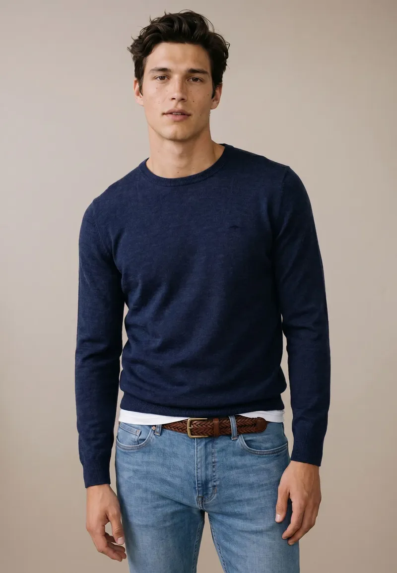 Fynch-Hatton Merino/Cashmere Round Neck Jumper in Ink Blue-2
