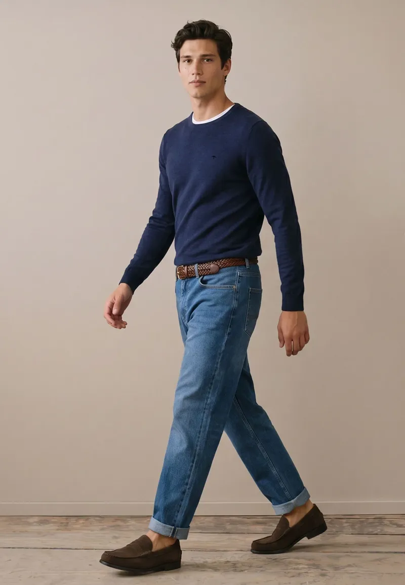 Fynch-Hatton Merino/Cashmere Round Neck Jumper in Ink Blue-4