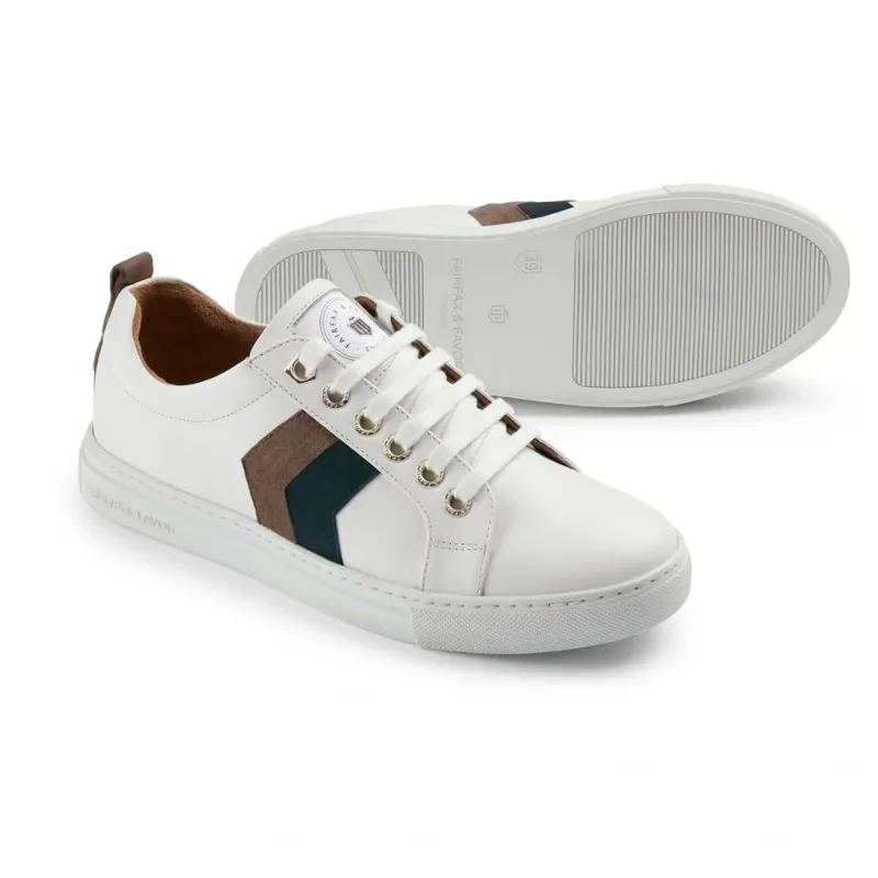 Fairfax and Favor Alexandra Trainer in White Leather Teal/Deep Taupe-2