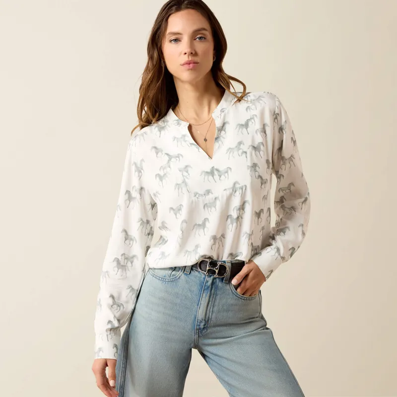 Ariat Thornbeck Blouse in Grey Horse Print-1