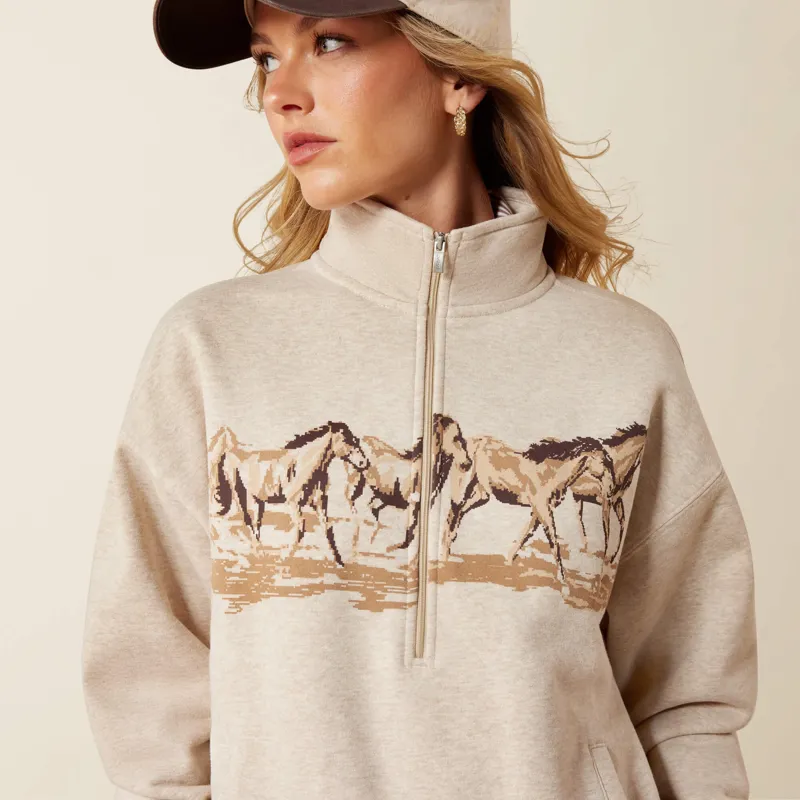 Ariat Running Wild 1/2 Zip Sweatshirt in Oatmeal Heather-3