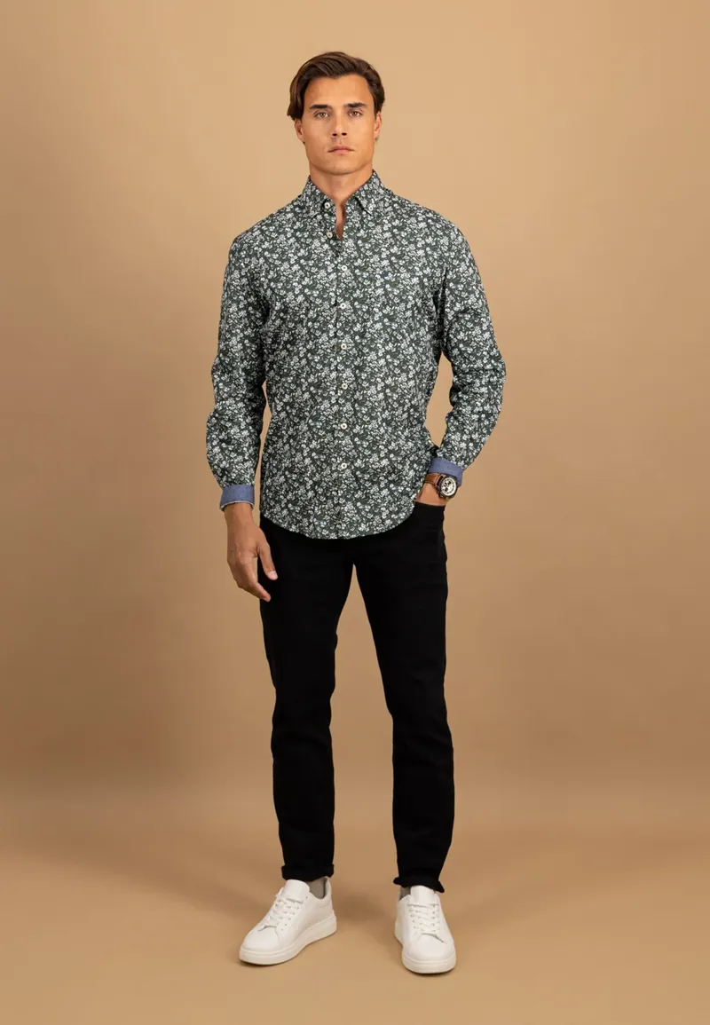 Fynch-Hatton Winter Flower Print Button Down Shirt in Misty Blue-3
