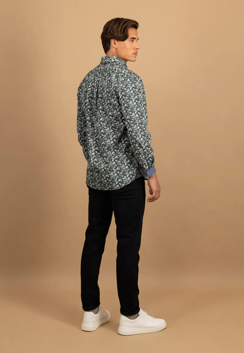 Fynch-Hatton Winter Flower Print Button Down Shirt in Misty Blue-5