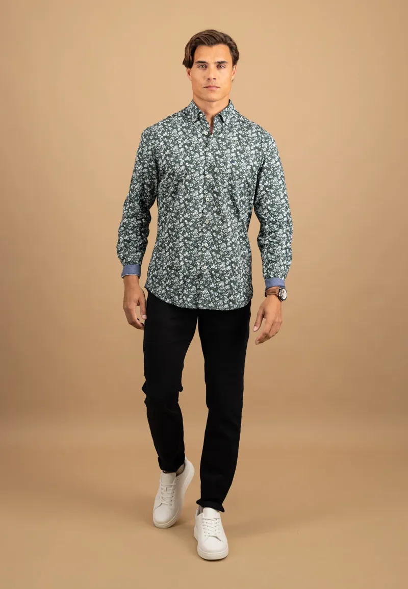 Fynch-Hatton Winter Flower Print Button Down Shirt in Misty Blue-4