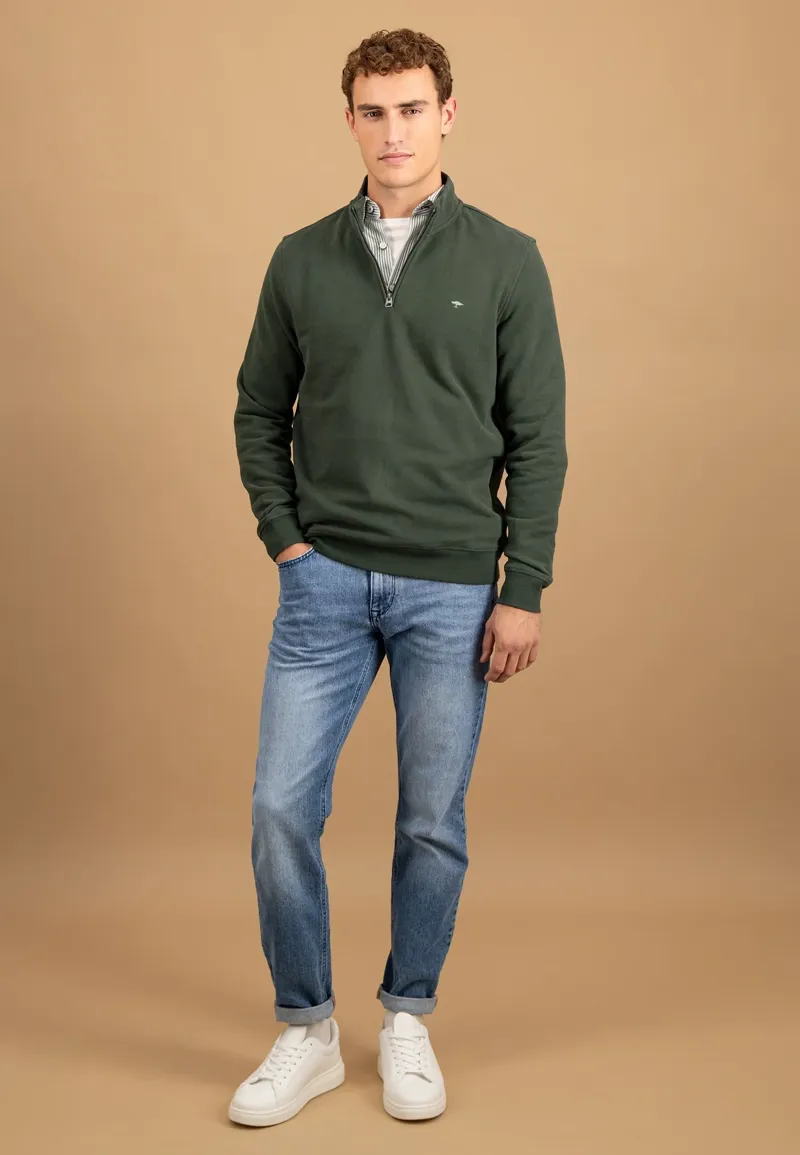 Fynch-Hatton Troyer Zip Sweat Cotton Sweatshirt in Dark Ivy-3