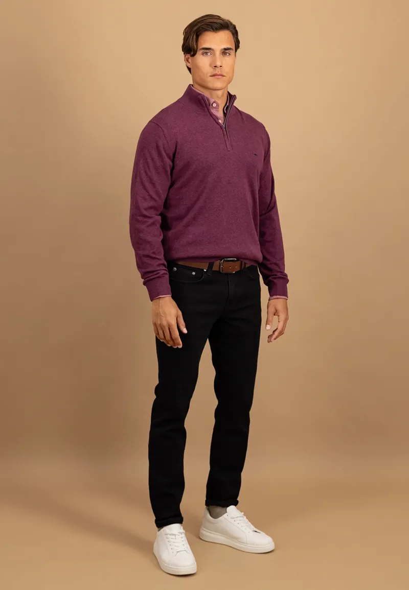 Fynch-Hatton Superfine Troyer-Zip Cotton Stand-Up Collar in Berry-3