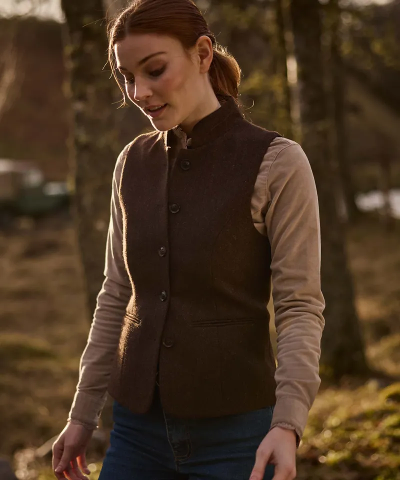 Schoffel Country Millport Tweed Nehru Waistcoat in Chocolate Herringbone Tweed-10