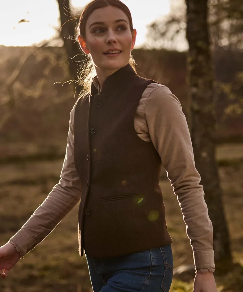 Schoffel Country Millport Tweed Nehru Waistcoat in Chocolate Herringbone Tweed-4
