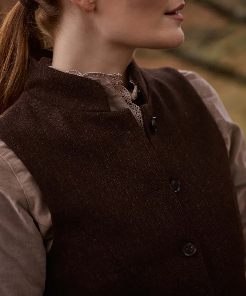 Schoffel Country Millport Tweed Nehru Waistcoat in Chocolate Herringbone Tweed-6