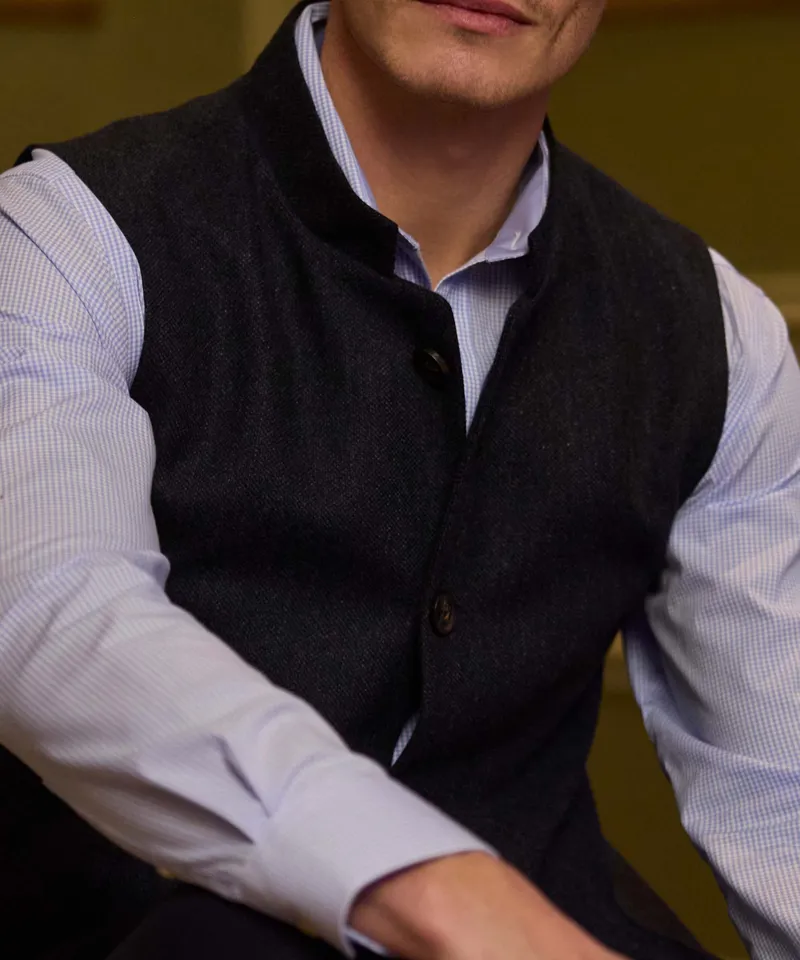 Schoffel Country Berwick Nehru Tweed Waistcoat in Dark Navy Herringbone Tweed-9