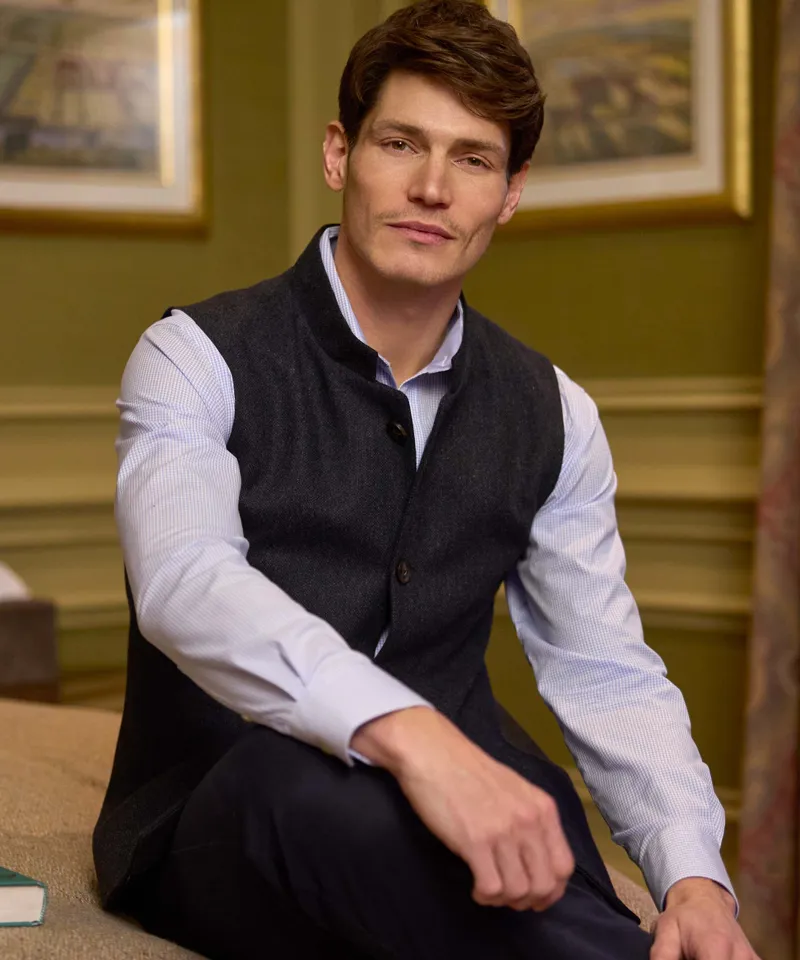 Schoffel Country Berwick Nehru Tweed Waistcoat in Dark Navy Herringbone Tweed-8
