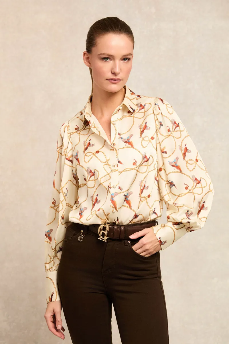 Holland Cooper Isla Satin Shirt Off White Pheasant-3