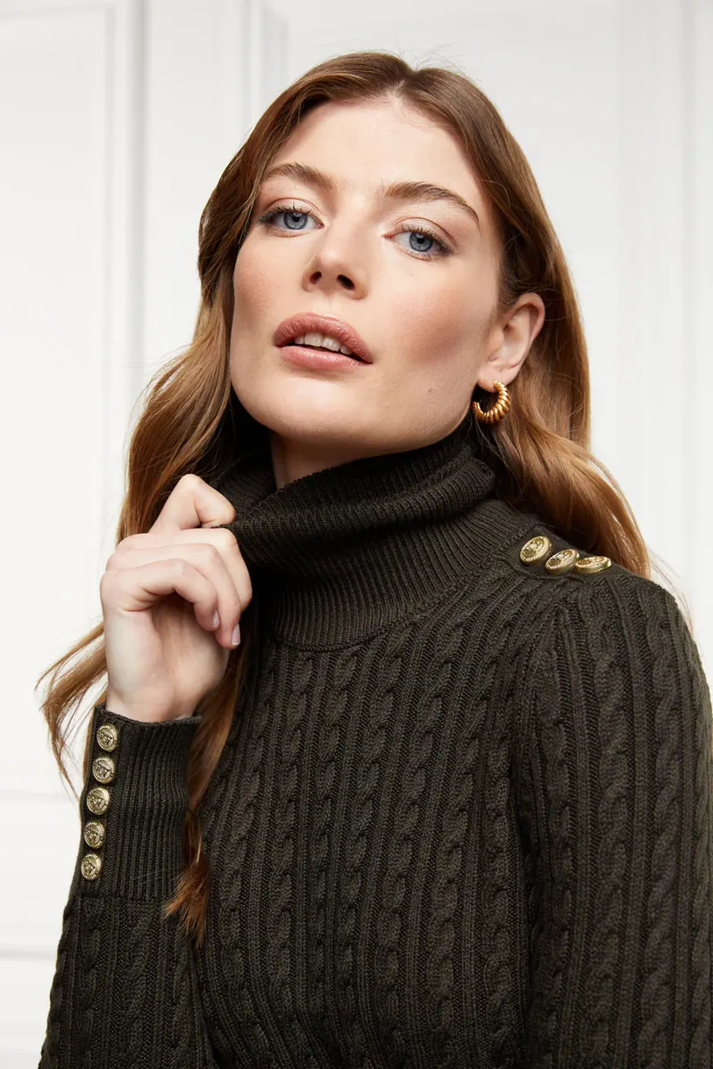 Holland Cooper Seattle Roll Neck Cable Knit Fern Green-3