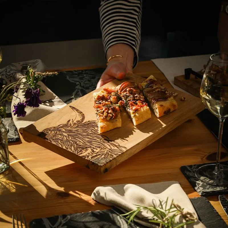 Scottish Made Highland Cow Oak Serving Board-1