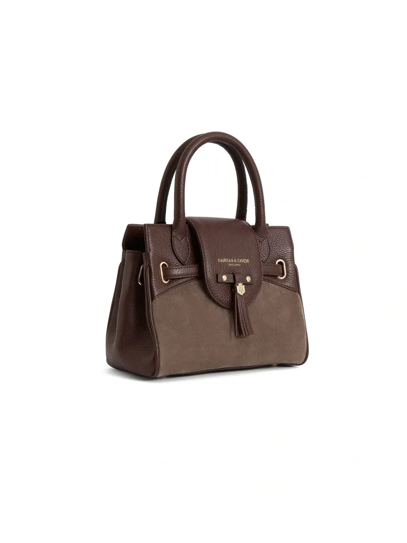 Fairfax and Favor Stockist Exclusive Mini Windsor Handbag Port and Deep Taupe Suede-1