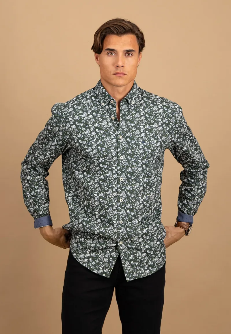 Fynch-Hatton Winter Flower Print Button Down Shirt in Misty Blue-2