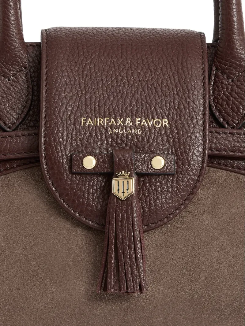 Fairfax and Favor Stockist Exclusive Mini Windsor Handbag Port and Deep Taupe Suede-4