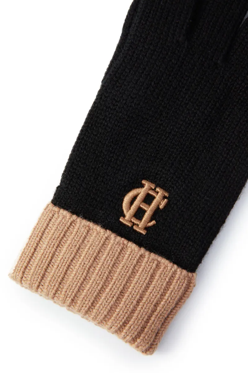 Holland Cooper Chelsea Logo Knitted Gloves Tan Black-2