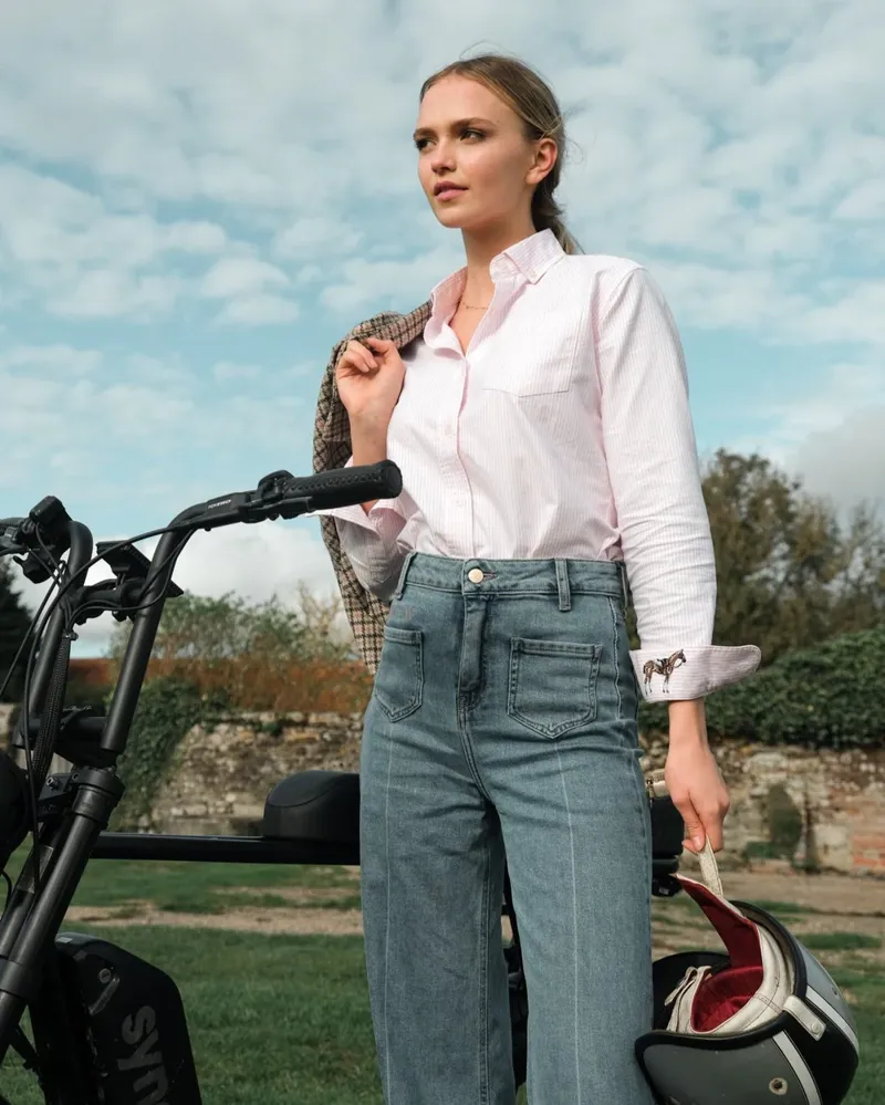 Hook Polo Ladies Striped Pink Oxford Shirt-3