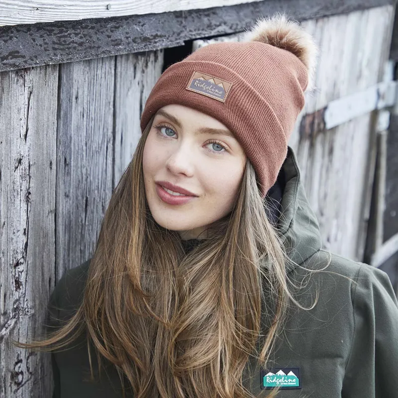 Ridgeline Heritage Fine Knit Bobble Hat in Nutmeg-2