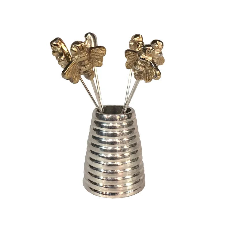 Culinary Concepts Set of Six Gold Queen Bee Olive Picks and Holder