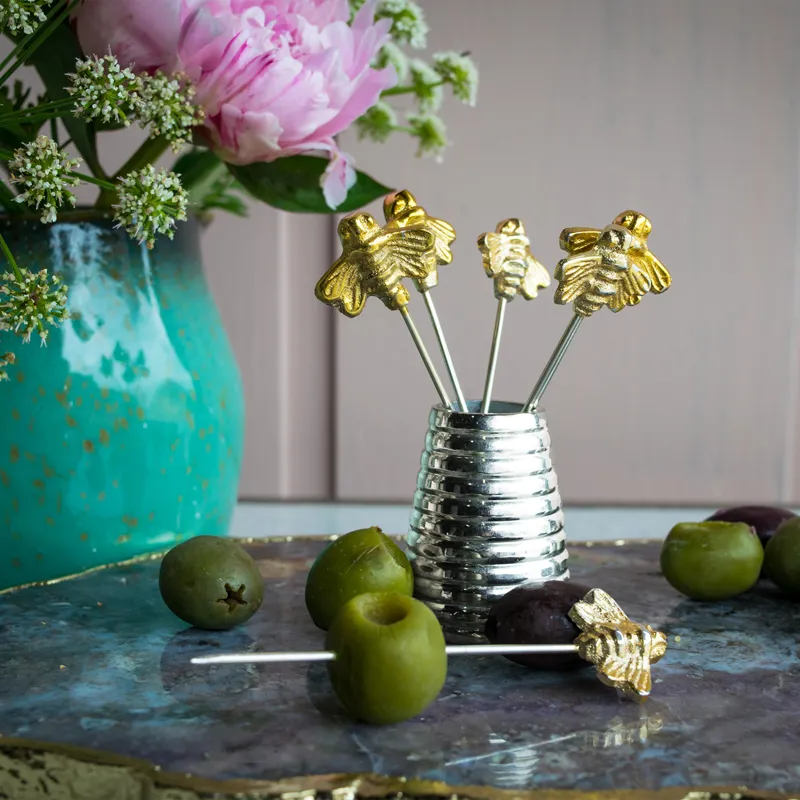 Culinary Concepts Set of Six Gold Queen Bee Olive Picks and Holder-1