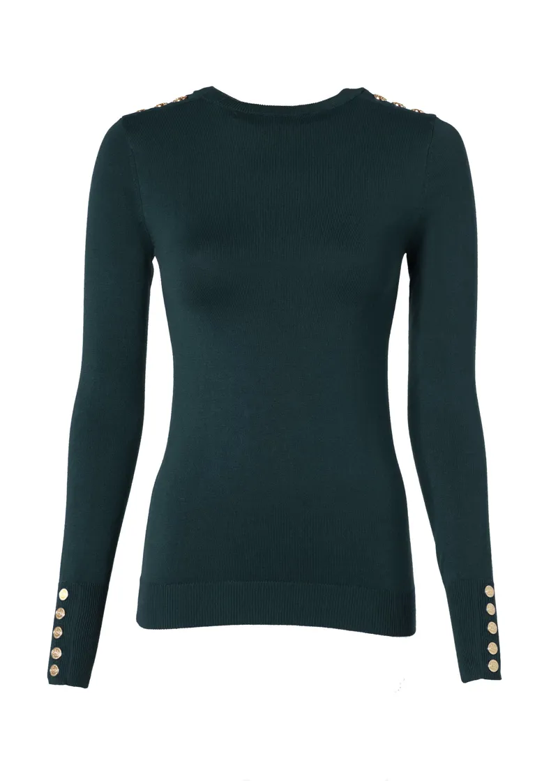 Holland Cooper Buttoned Knit Crew Neck Deep Emerald-3
