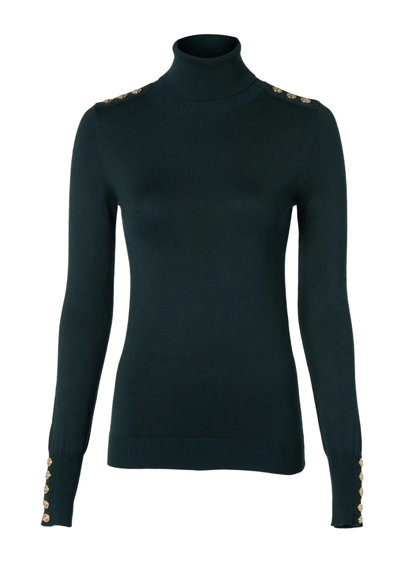 Holland Cooper Buttoned Knit Roll Neck Deep Emerald-1