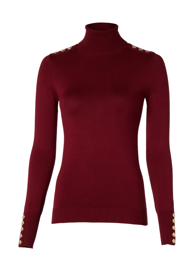 Holland Cooper Buttoned Knit Roll Neck Wine-1