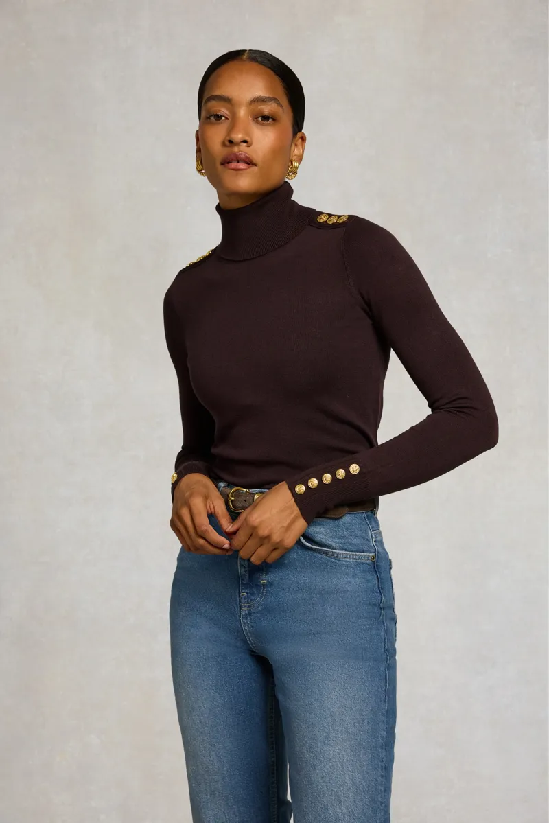 Holland Cooper Buttoned Knit Roll Neck Jumper in Chocolate-1