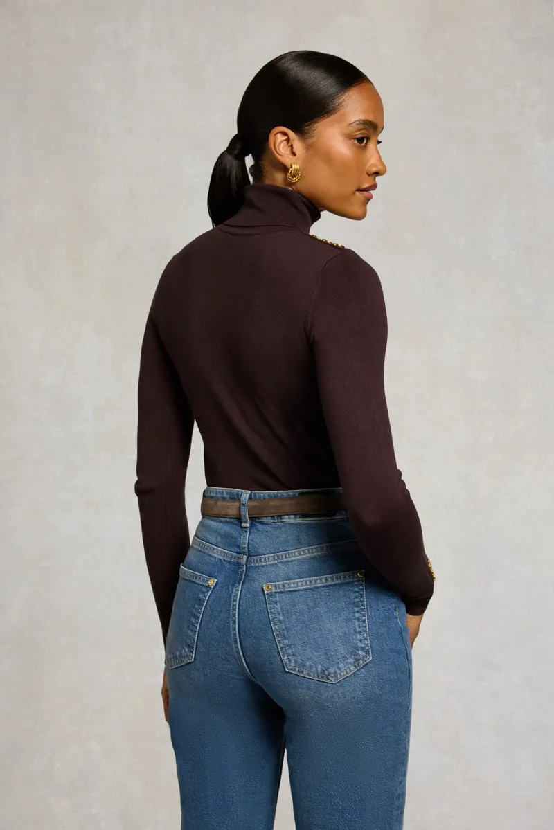 Holland Cooper Buttoned Knit Roll Neck Jumper in Chocolate-3